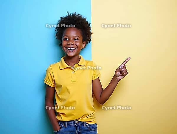 Studio portrait of a cheerful young girl pointing her finger towards copyspace on a colorful background, AI generated [IBR125502140]