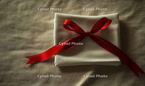 A folded napkin with a red bow on textured fabric, suggesting a sophisticated table decoration, AI generated [IBR125502141]