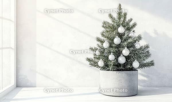 Small Christmas tree with only white and silver ornaments, sitting in a grey concrete planter on a white wooden floor, AI generated [IBR125502142]
