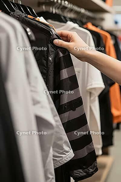 Tactile garment selection on retail clothing display stands inside a boutique, anonymous hand inspecting striped synthetic sportswear outerwear, physical merchandise evaluation contrasting fast digital commerce, monochrome windbreakers and casual shirts s [IBR125502145]