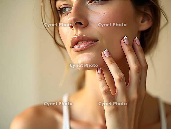 Beautiful woman touching face with french manicure enjoying natural light, AI generated [IBR125502146]