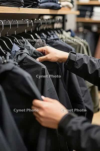 Tactile evaluation of weatherproof synthetic apparel on garment racks in a retail store, hands inspect dark functional rain jackets for outdoor protection, the deliberate touch of waterproof textile membranes reflects modern consumer choices within urban  [IBR125502154]