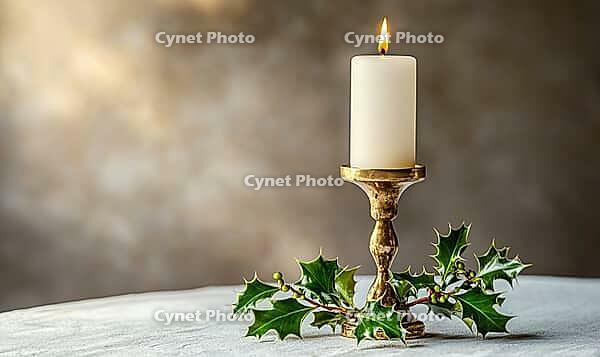 Small brass candlestick with a white candle and a sprig of green holly, set on a white table under diffused natural light, AI generated [IBR125502155]