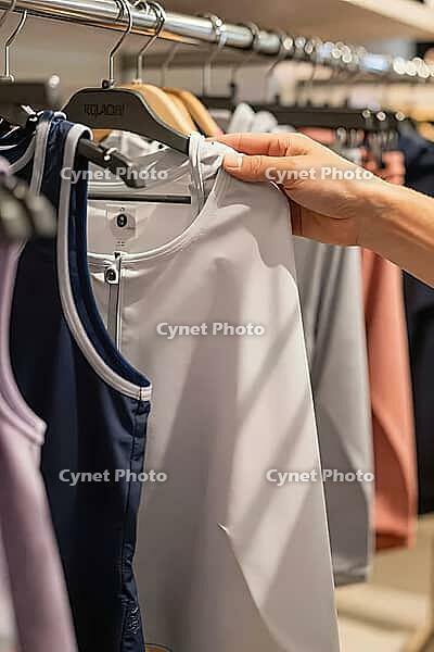 Athletic garment selection in modern retail fashion boutique, tactile consumer decision browsing sportswear textile materials on hanger racks, human hand reaching out to inspect smooth synthetic microfiber fabric of a zip jacket, functional sportswear gar [IBR125502156]