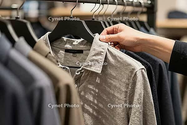 Tactile evaluation of woven textile garments on retail hangers, consumer touching grey cotton shirt fabric for deliberate clothing selection, anonymous human hand grasping the structured collar of a neutral tone polo pullover, repetitive alignment of dark [IBR125502158]