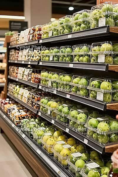 Fresh green apples sealed in transparent plastic clamshell containers line supermarket grocery store shelves, representing consumer retail logistics, pristine rows of refrigerated display racks showcase standardized agricultural fruits preserved under ste [IBR125502159]