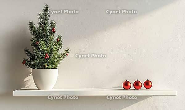 Simple white shelf with a small, green potted fir tree, decorated with a few red ornaments and set against a light gray wall, AI generated [IBR125502160]