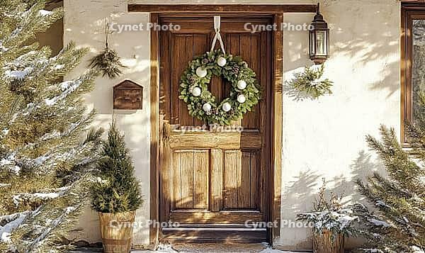 Festive front door wreath with simple white and beige decorations, hanging against a rustic wooden door, AI generated [IBR125502163]