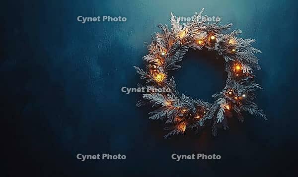 Elegant round holiday wreath with white and gold decorations against a matte dark blue wall, tiny warm lights on the wreath adding a cozy glow, AI generated [IBR125502164]