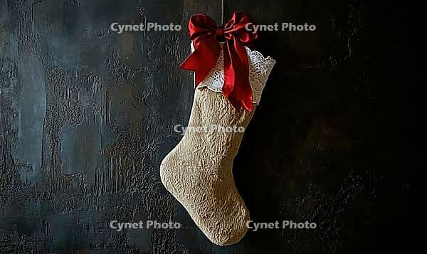 Simple beige stocking with a single red bow and white trim, hanging against a dark gray wall, AI generated [IBR125502166]