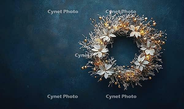 Elegant round holiday wreath with white and gold decorations against a matte dark blue wall, tiny warm lights on the wreath adding a cozy glow, AI generated [IBR125502169]