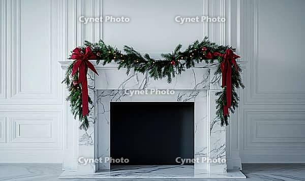 White mantle decorated with a simple pine garland and a few red baubles, AI generated [IBR125502171]
