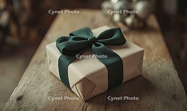 Small beige gift with a dark green bow, set on a light wood table, AI generated [IBR125502173]
