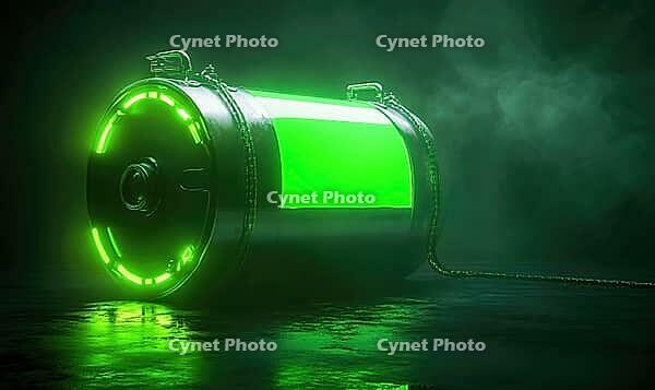 Energy cell representing green hydrogen, silver and neon green reflections, AI generated [IBR125502174]