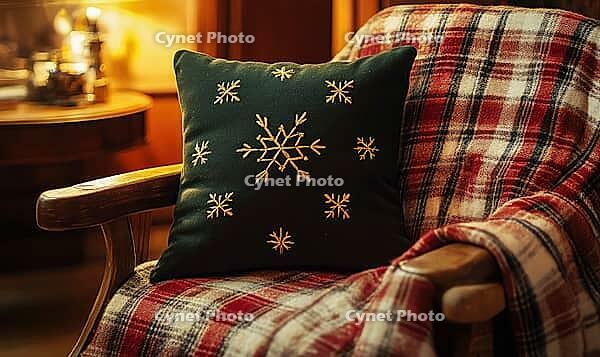 Small dark green pillow with golden snowflake embroidery on a wooden armchair, AI generated [IBR125502175]