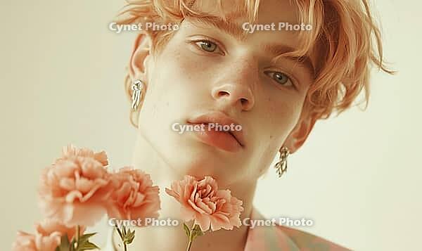 Closeup portrait of a man with peach-colored hair, silver earrings, holding peach carnations, AI generated [IBR125502176]