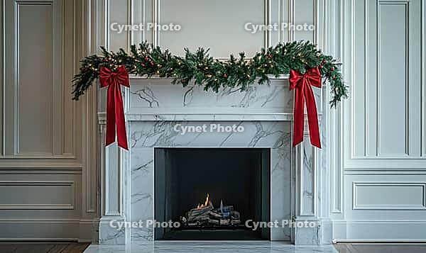 White mantle decorated with a simple pine garland and a few red baubles, AI generated [IBR125502177]