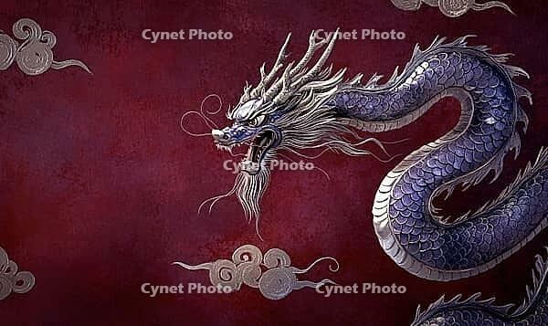 Purple and gold Chinese dragon on a black background with cloud patterns in silver, AI generated [IBR125502179]