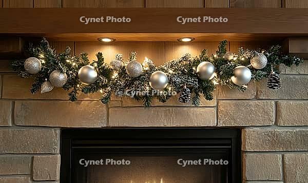 Cozy fireplace mantle with minimal holiday decor, featuring a white garland with silver ornaments and a few pine cones, AI generated [IBR125502181]