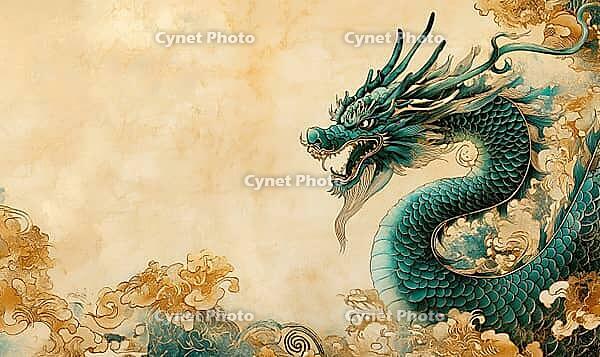 Vibrant turquoise Chinese dragon on a sandy beige background with golden clouds, AI generated [IBR125502182]