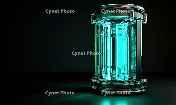 Conceptual hydrogen fuel cell, illuminated in blue-green, standing out against a black background, AI generated [IBR125502184]