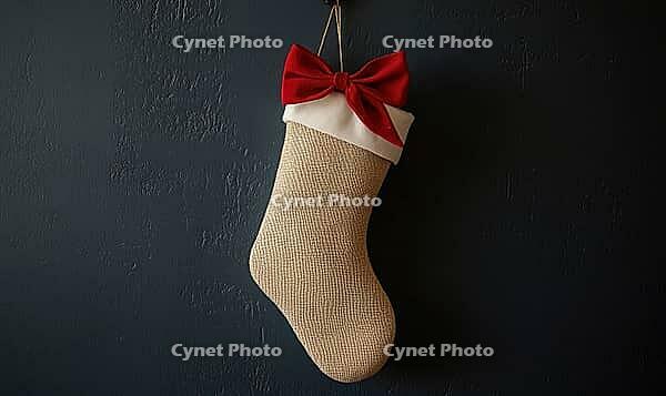 Simple beige stocking with a single red bow and white trim, hanging against a dark gray wall, AI generated [IBR125502185]