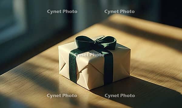 Small beige gift with a dark green bow, set on a light wood table, AI generated [IBR125502186]