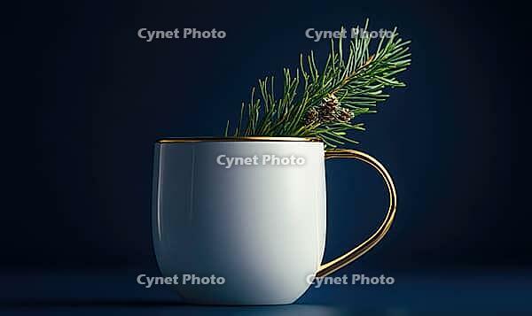 White mug with a golden handle and a sprig of fir on top, set against a deep blue background with soft natural light, AI generated [IBR125502187]