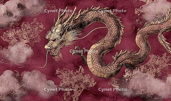 A majestic Chinese dragon on a crimson background adorned with a swirling cloud pattern, AI generated [IBR125502188]