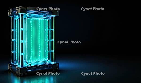 Conceptual hydrogen fuel cell, illuminated in blue-green, standing out against a black background, AI generated [IBR125502191]