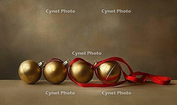 Simple arrangement of four golden Christmas bells tied together with a thin red ribbon, placed on a neutral background under soft lighting, AI generated [IBR125502192]