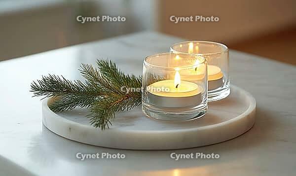 Two small candles in glass holders on a white marble tray, with a sprig of fir beside them, AI generated [IBR125502193]