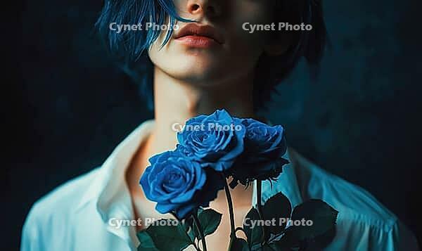 Closeup portrait of a man with navy blue hair, holding blue roses, AI generated [IBR125502194]
