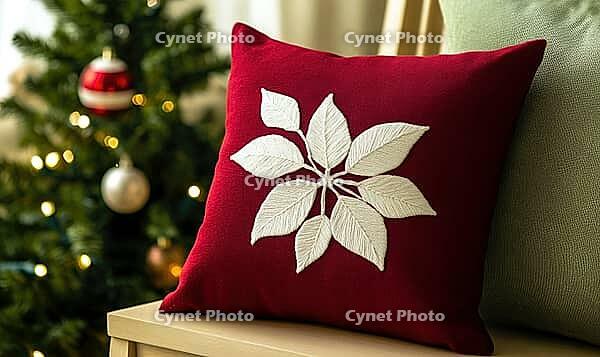 Dark red pillow with delicate white poinsettia embroidery on a light wooden bench, AI generated [IBR125502196]