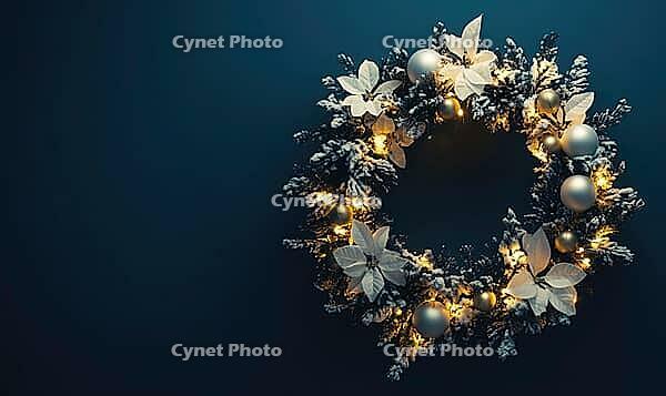 Elegant round holiday wreath with white and gold decorations against a matte dark blue wall, tiny warm lights on the wreath adding a cozy glow, AI generated [IBR125502197]