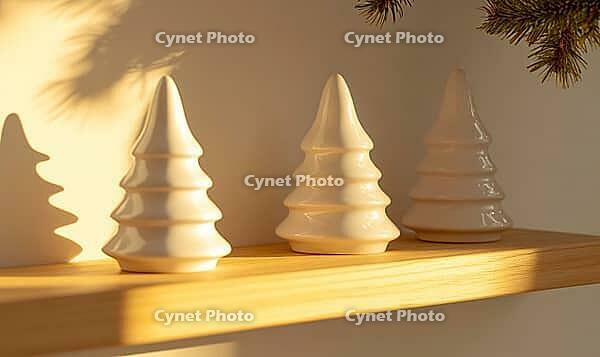Three small white ceramic Christmas trees on a light wooden shelf, illuminated by soft natural light, casting gentle shadows, AI generated [IBR125502198]