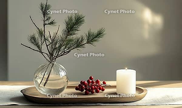 Simple dining table with a small glass vase filled with pine branches and red berries, AI generated [IBR125502200]