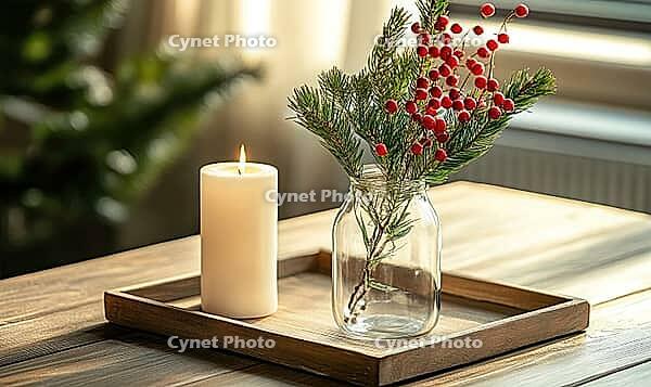 Simple dining table with a small glass vase filled with pine branches and red berries, AI generated [IBR125502201]