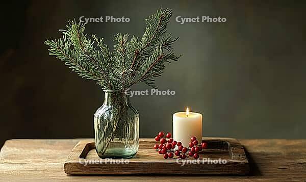 Simple dining table with a small glass vase filled with pine branches and red berries, AI generated [IBR125502202]