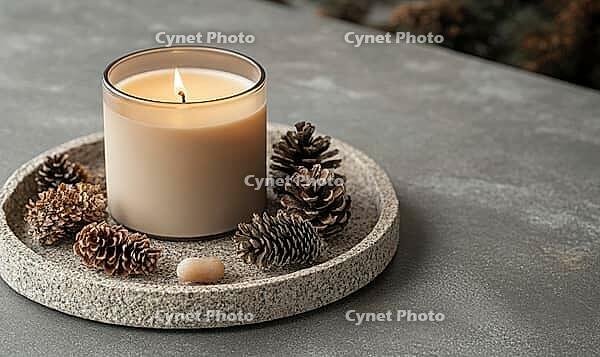 Small beige candle surrounded by small pinecones on a stone tray, AI generated [IBR125502206]
