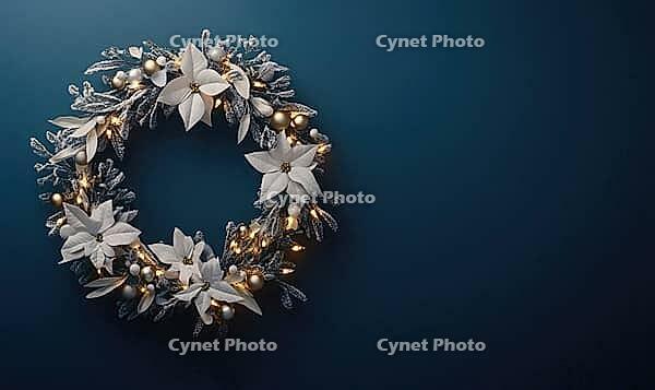 Elegant round holiday wreath with white and gold decorations against a matte dark blue wall, tiny warm lights on the wreath adding a cozy glow, AI generated [IBR125502210]
