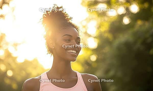 Woman in a pastel pink sports top, shown against a sunny park backdrop, AI generated [IBR125502212]