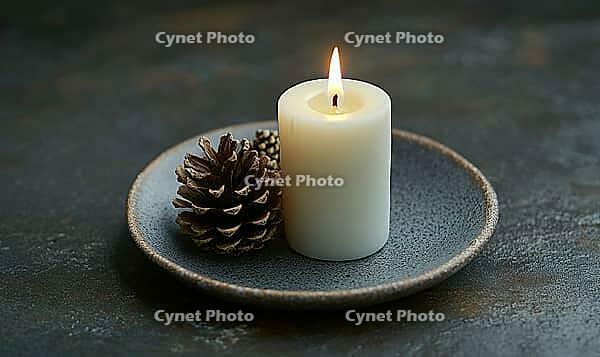 Single white candle on a small plate with tiny pinecones around its base, AI generated [IBR125502214]