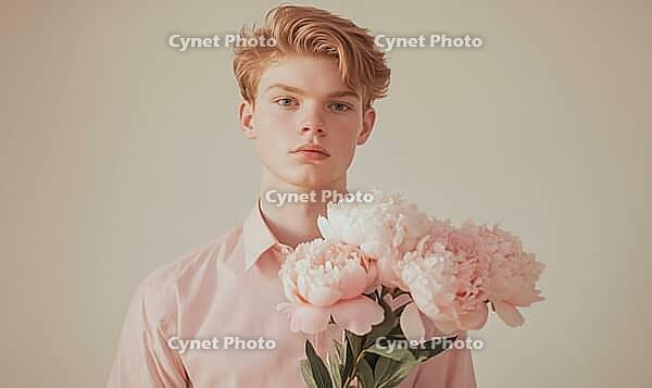 A young man in a pink shirt is holding a bouquet of pink flowers, AI generated [IBR125502219]
