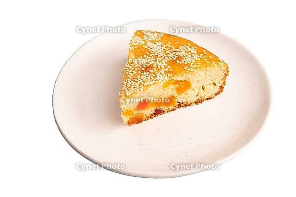 Pie with candied fruit isolated on white background, close up, side view [IBR125521157]
