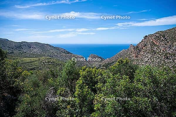 Serra de Tramuntana mountain landscape, Mallorca with sea in the background, wide angle shot, majorca [IBR125527048]