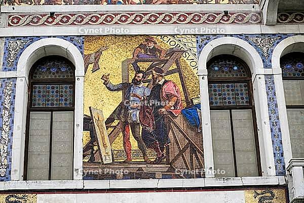 Close-up of an ornate mosaic on a historic façade in Venice, Venice, Veneto, Italy [IBR125527085]