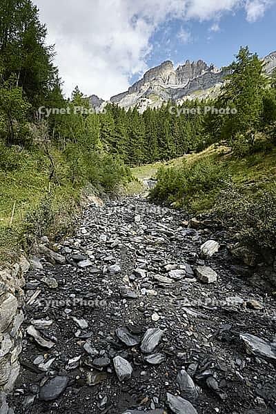 Small mountain stream with more scree than water after heavy thunderstorm. Leukerbad, Valais, Switzerland [IBR125527091]