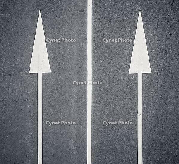 Two white arrows painted on a dark road surface, both straight ahead, separated from a vertical white line in the middle, representing directional traffic trails [IBR125536430]