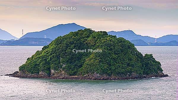 Yatsushiro, Kumamoto Pref, Japan - Oct 9 2024, panoramic aerial view of an uninhabited island covered with forest off coast of Yatsushiro, at daytime with cloudy sky, Yatsushiro, Japan [IBR125536452]